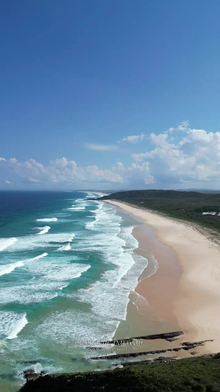 Les vagues blanches longent une plage vue du ciel.