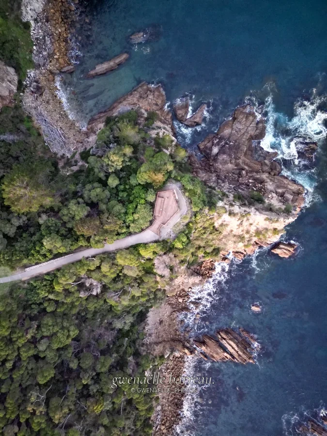 Sentier au milieu des arbres le long d'une côte rocheuse, vu à la verticale.