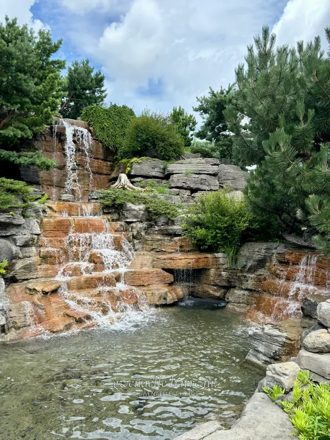 Cascade sur des rochers étagés rejoignant un bassin entouré d'arbres.