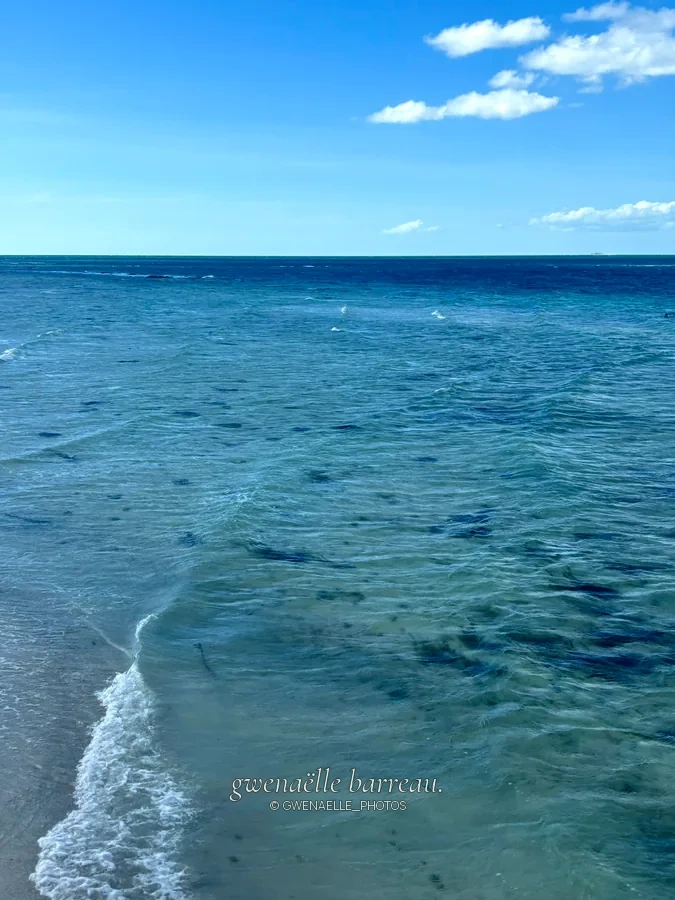 Petite vague sur une mer transparente aux nuances de bleu.