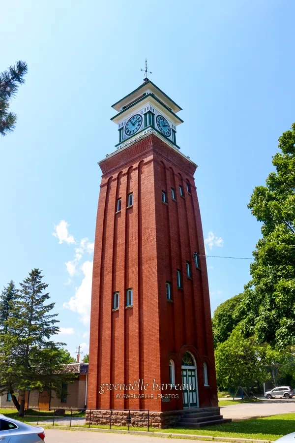 Haute tour en brique rouge avec une horloge, entourée d'arbres.