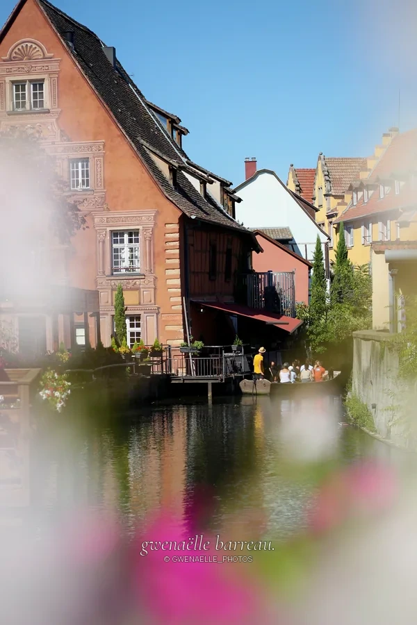 Maisons à colombages au bord d'un canal, derrière des fleurs floues.