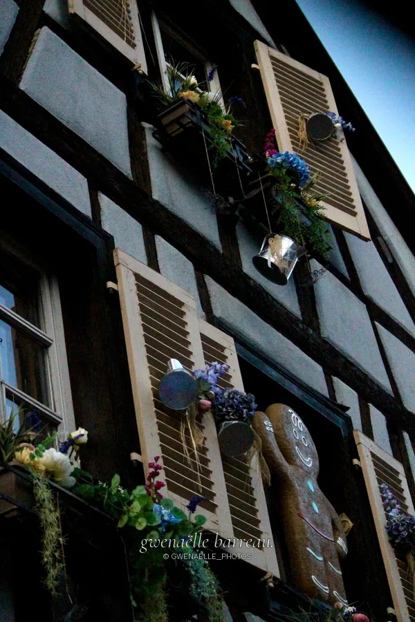Détail d'une façade à colombages avec volets et jardinières fleuries.