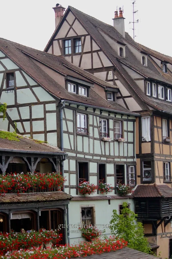 Maisons à colombages et jardinières rouges autour d'une petite place.
