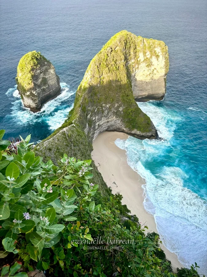 Hauts rochers couverts de végétation au-dessus d'une crique battue par les vagues.
